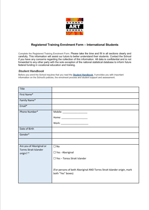 Sydne Art School International Student Enrolment Form